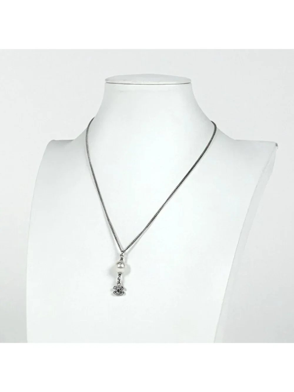 Chanel Necklace CC Logo Faux Pearl Silver Plated Rhinestone